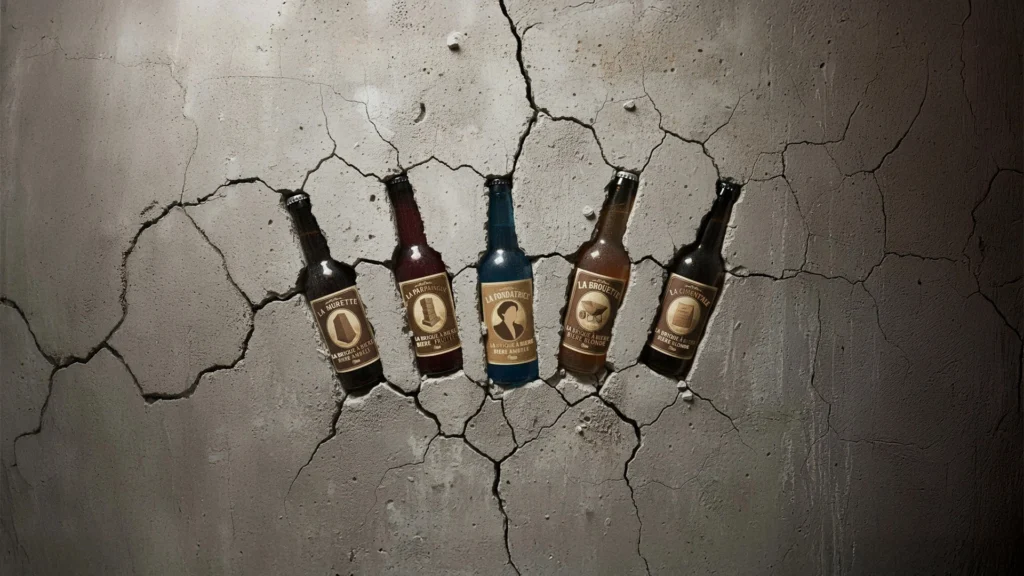 Bouteilles de bières artisanales La Brique à Bière encastrées dans un mur en béton.